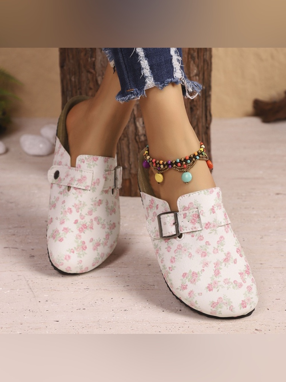 Floral Print Buckle Decor Slip-Ons